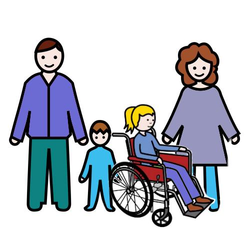 une famille aved ceux enfants dont un en fauteuil